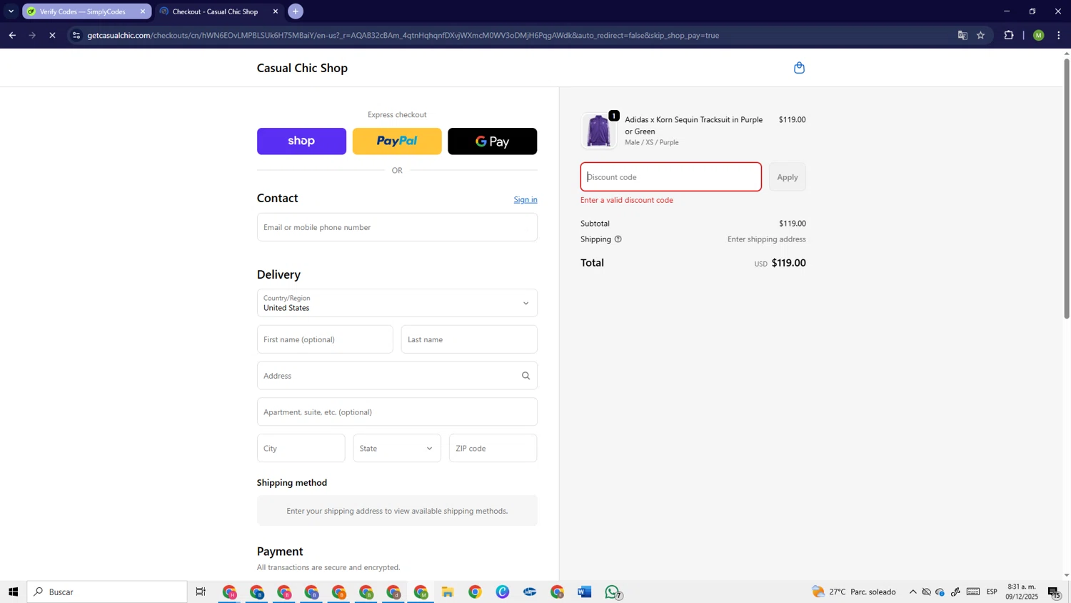 Casual Chic Boutique promo code screenshot showing code ADBOY applied at Casual Chic Boutique checkout page. Uploaded by SimplyCodes community member PrimeSage6924 on Dec 9, 2025