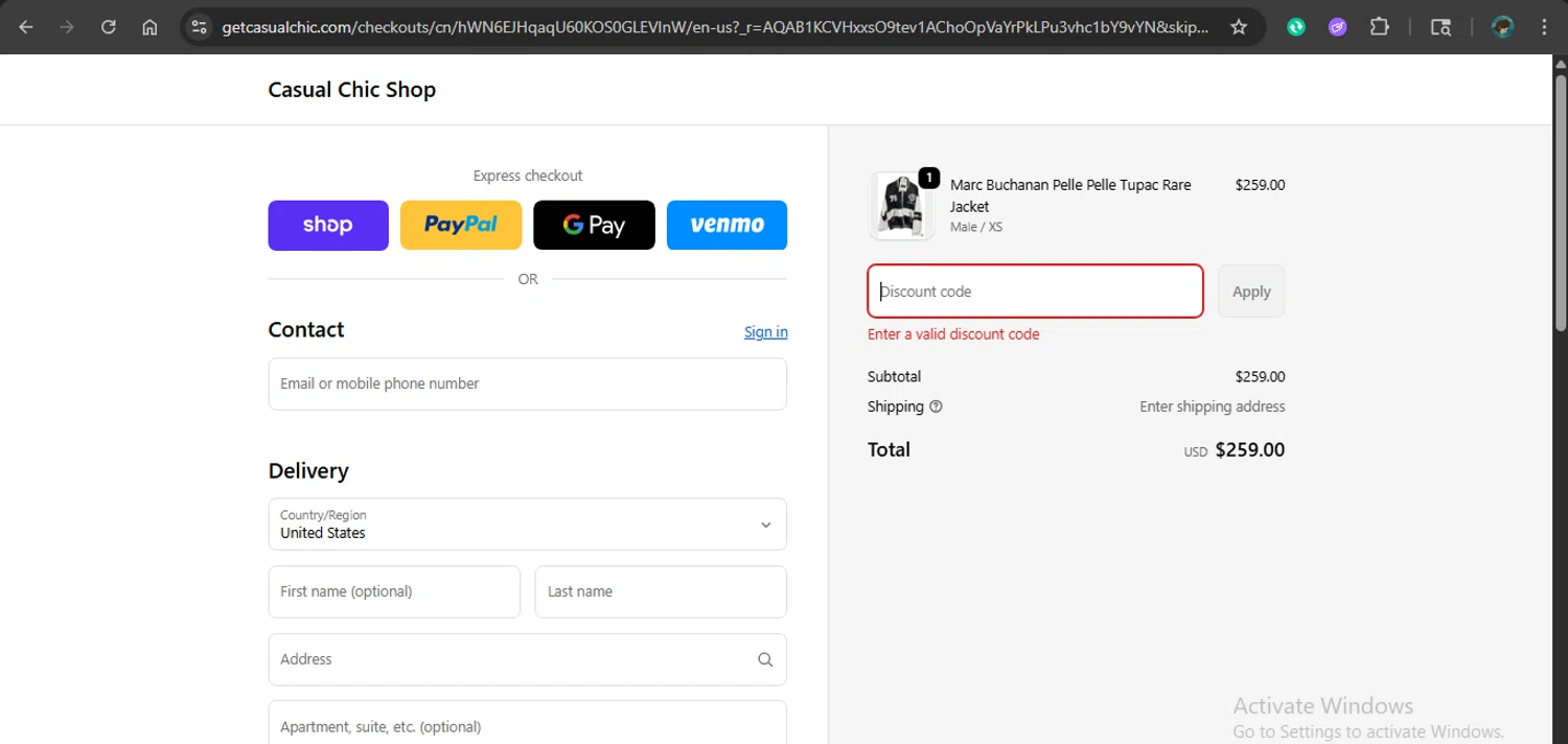 Casual Chic Boutique promo code screenshot showing code ADBOY applied at Casual Chic Boutique checkout page. Uploaded by SimplyCodes community member xAngel on Dec 9, 2025