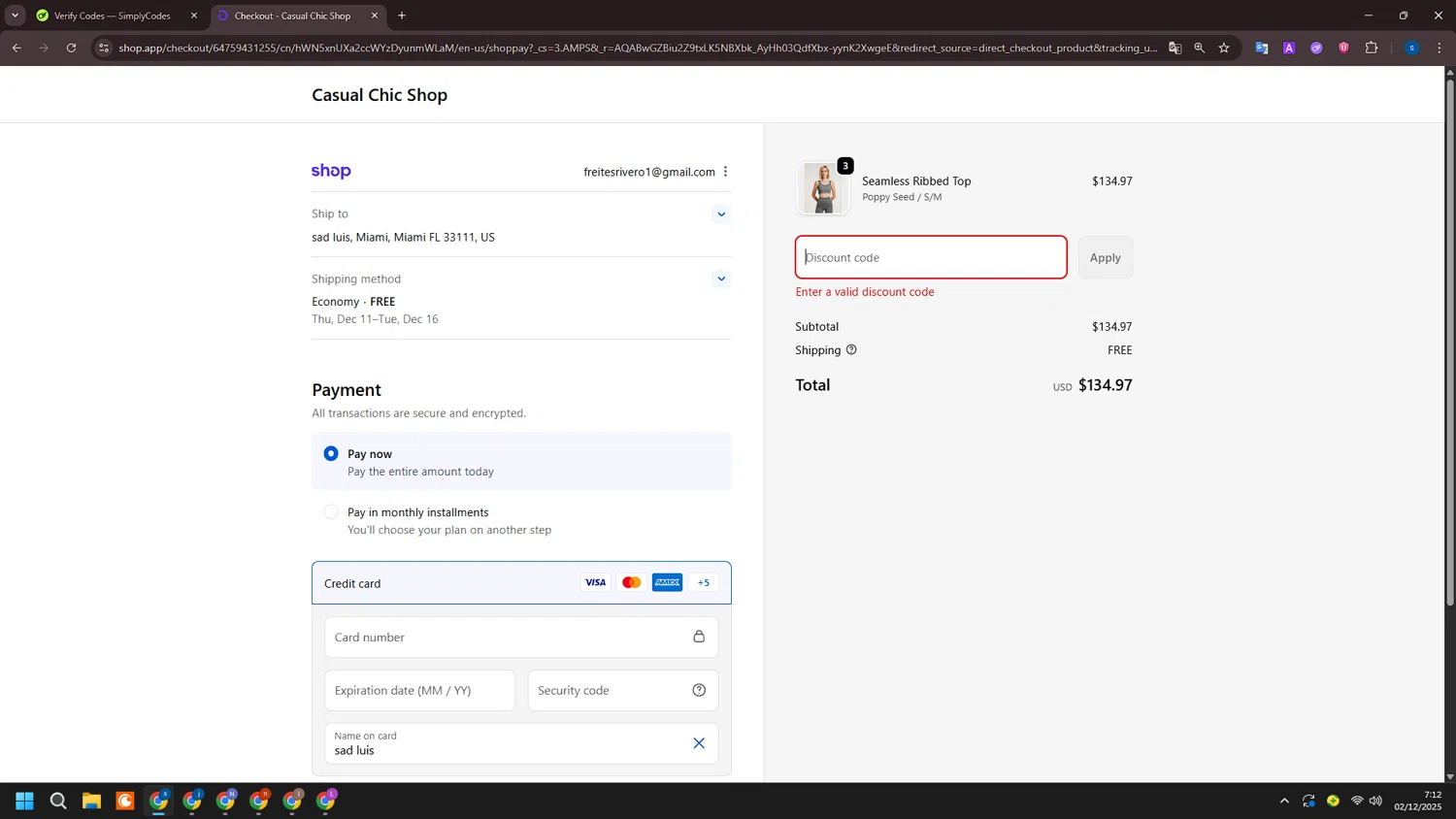 Casual Chic Boutique promo code screenshot showing code DFCHIC applied at Casual Chic Boutique checkout page. Uploaded by SimplyCodes community member ExtraordinarySleuth4345 on Dec 2, 2025