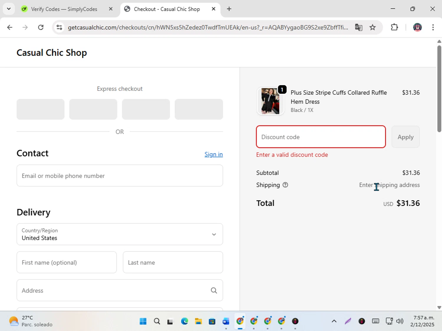Casual Chic Boutique promo code screenshot showing code DFCHIC applied at Casual Chic Boutique checkout page. Uploaded by SimplyCodes community member karoline on Dec 2, 2025