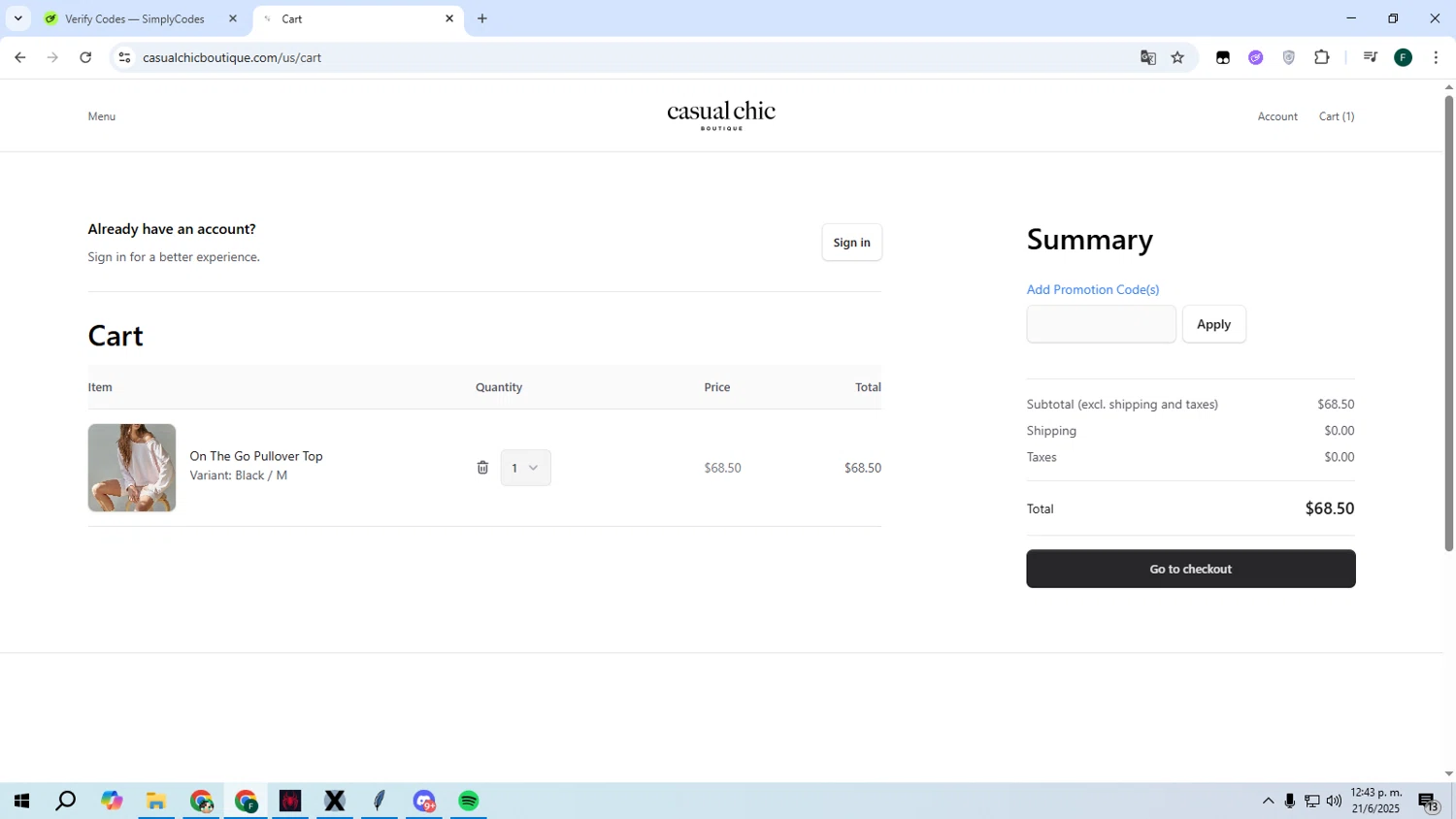 Casual Chic Boutique promo code screenshot showing code SASHA20 applied at Casual Chic Boutique checkout page. Uploaded by SimplyCodes community member Juanse on Jun 21, 2025