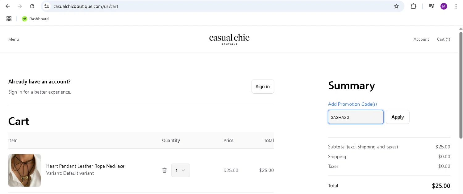 Casual Chic Boutique promo code screenshot showing code SASHA20 applied at Casual Chic Boutique checkout page. Uploaded by SimplyCodes community member monicacaraballo on Jun 21, 2025