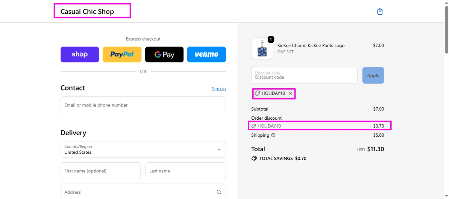 Casual Chic Boutique promo code screenshot showing code HOLIDAY10 applied at Casual Chic Boutique checkout page. Uploaded by SimplyCodes community member mrdarcy on Dec 12, 2025