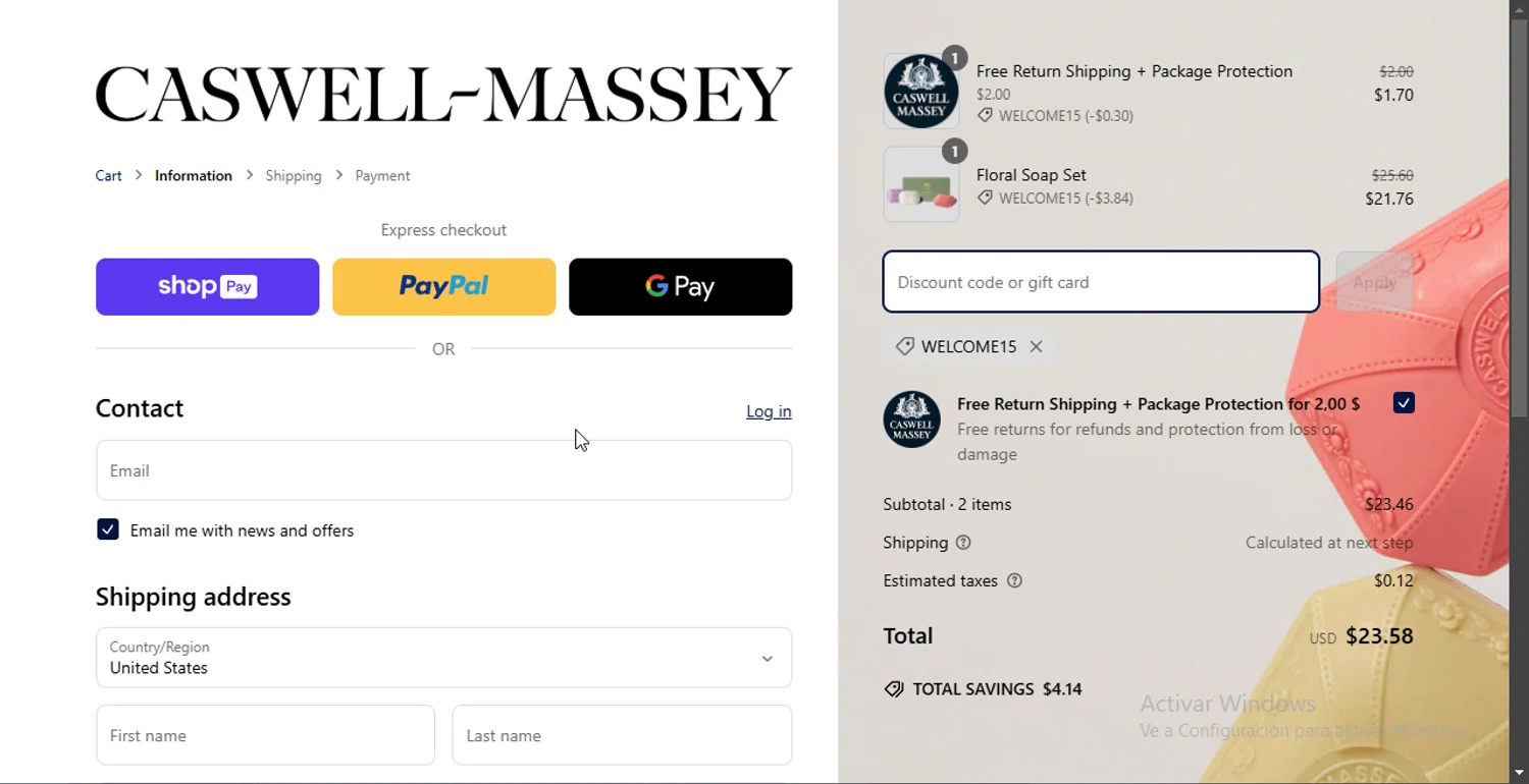Caswell-Massey promo code screenshot showing code WELCOME15 applied at Caswell-Massey checkout page. Uploaded by SimplyCodes community member Jsjsjsjsjsjsjs on Mar 8, 2025