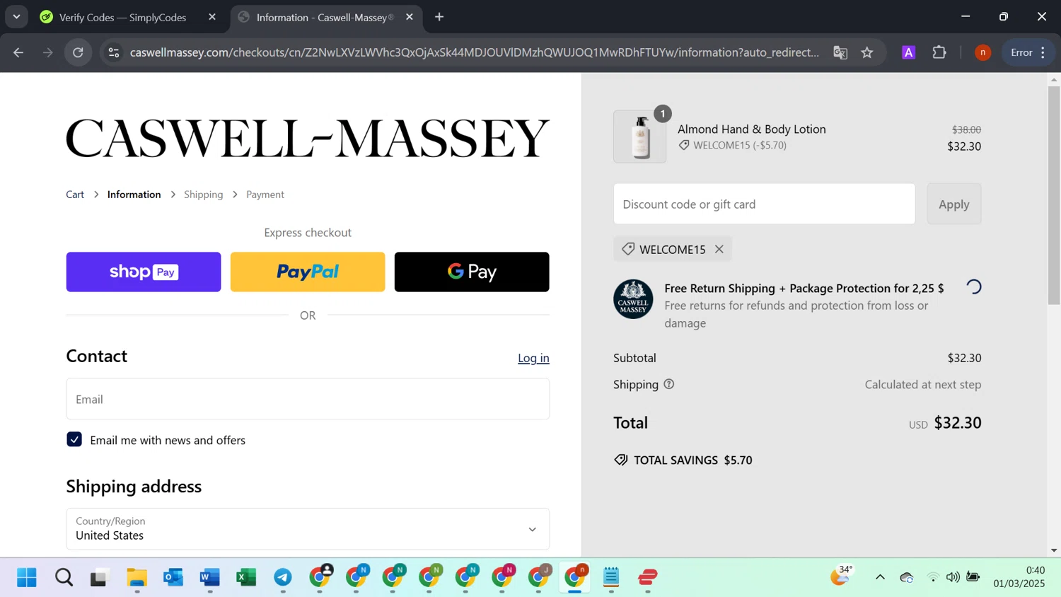 Caswell-Massey promo code screenshot showing code WELCOME15 applied at Caswell-Massey checkout page. Uploaded by SimplyCodes community member SavvyMonarch2205 on Mar 1, 2025