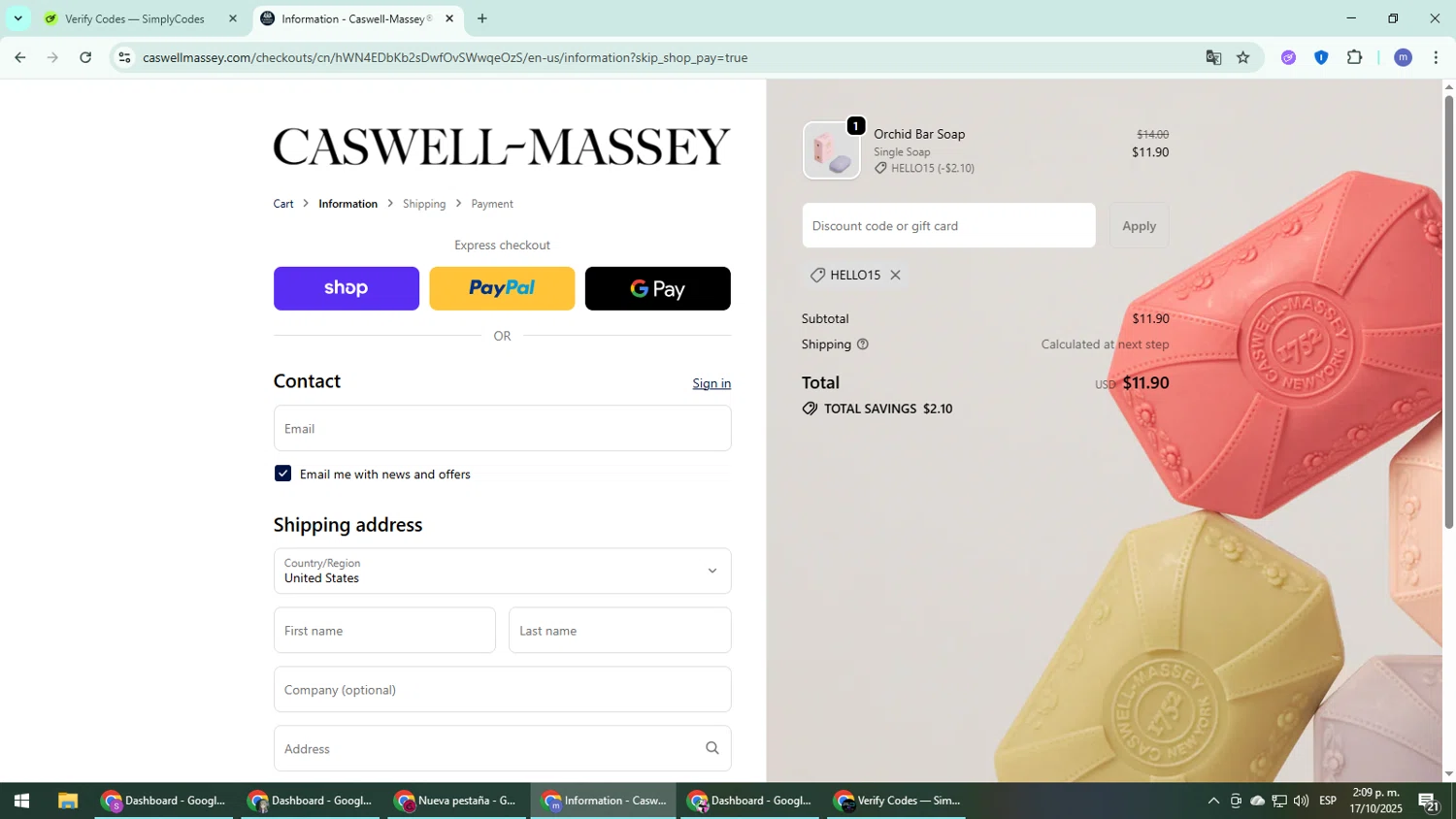 Caswell-Massey promo code screenshot showing code HELLO15 applied at Caswell-Massey checkout page. Uploaded by SimplyCodes community member QuestDefender2661 on Oct 17, 2025