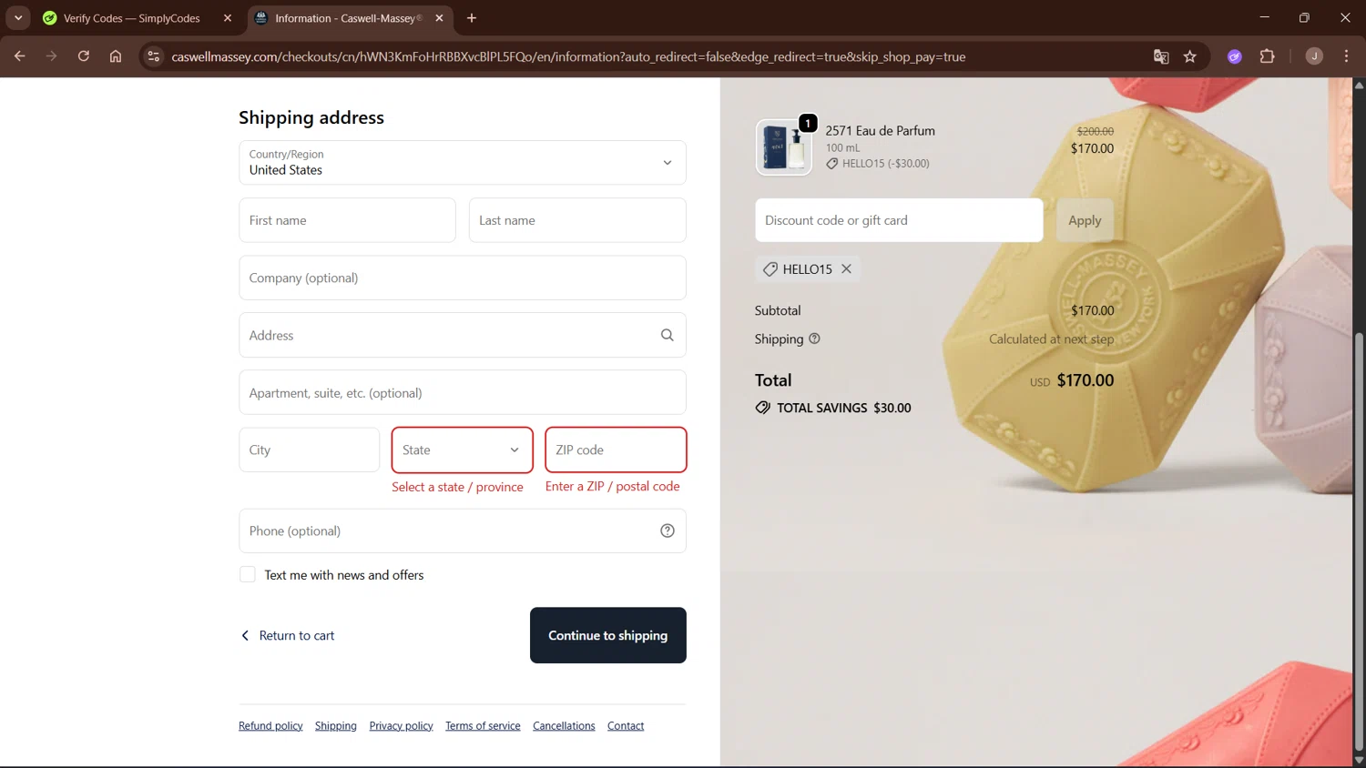 Caswell-Massey promo code screenshot showing code HELLO15 applied at Caswell-Massey checkout page. Uploaded by SimplyCodes community member WisePro3955 on Sep 24, 2025