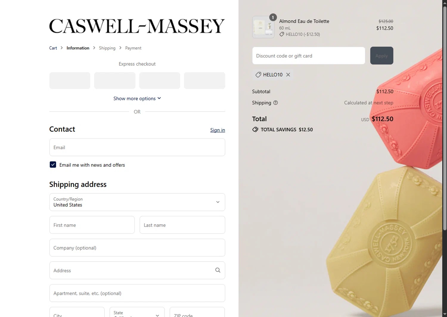 Caswell-Massey promo code screenshot showing code HELLO10 applied at Caswell-Massey checkout page. Uploaded by SimplyCodes community member GoldPhoenix3793 on Sep 11, 2025