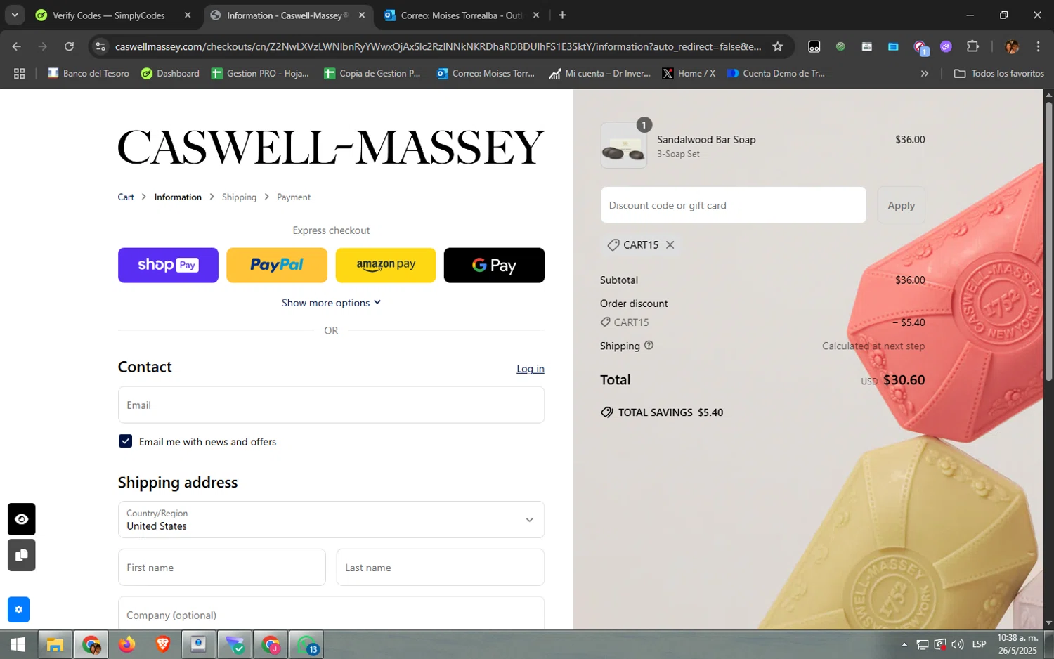Caswell-Massey promo code screenshot showing code CART15 applied at Caswell-Massey checkout page. Uploaded by SimplyCodes community member BargainTitan4401 on May 26, 2025