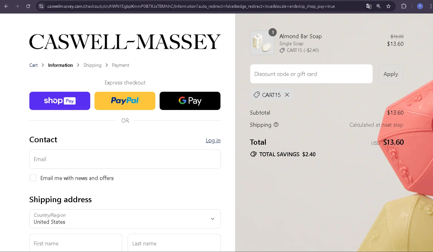 Caswell-Massey promo code screenshot showing code CART15 applied at Caswell-Massey checkout page. Uploaded by SimplyCodes community member TRIBUENO on Jul 30, 2025