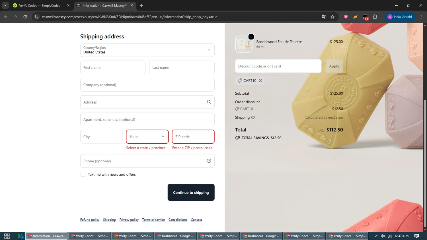 Caswell-Massey promo code screenshot showing code CART10 applied at Caswell-Massey checkout page. Uploaded by SimplyCodes community member CouponScout5403 on Sep 24, 2025