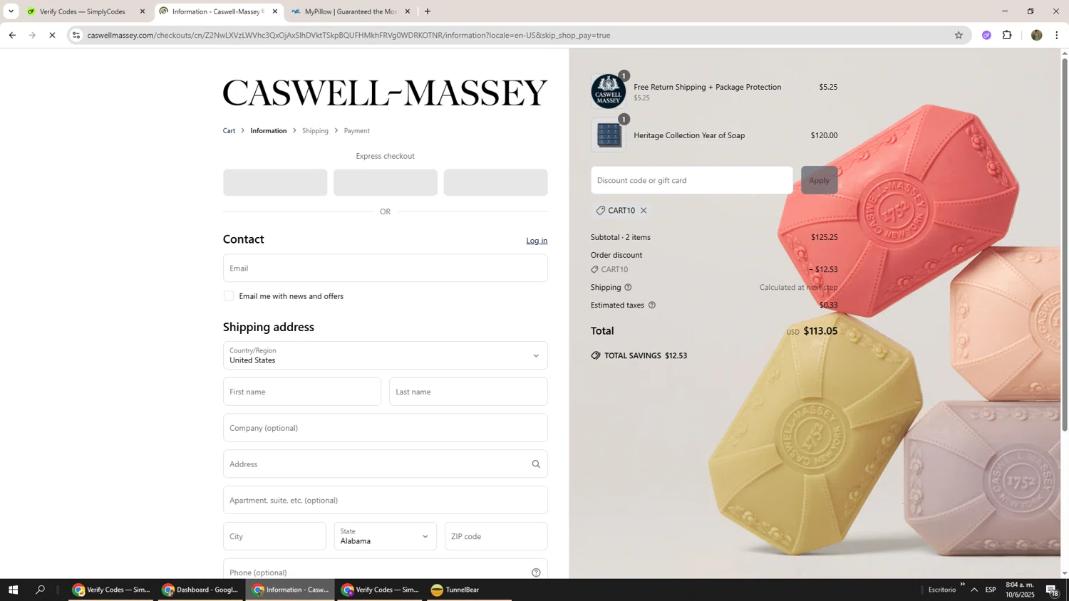 Caswell-Massey promo code screenshot showing code CART10 applied at Caswell-Massey checkout page. Uploaded by SimplyCodes community member Phoenix585 on Jun 10, 2025