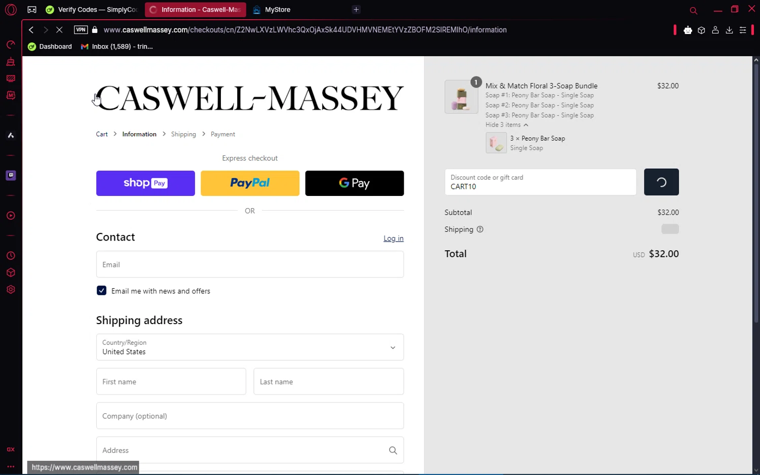 Caswell-Massey promo code screenshot showing code CART10 applied at Caswell-Massey checkout page. Uploaded by SimplyCodes community member jakeperro on Mar 1, 2025