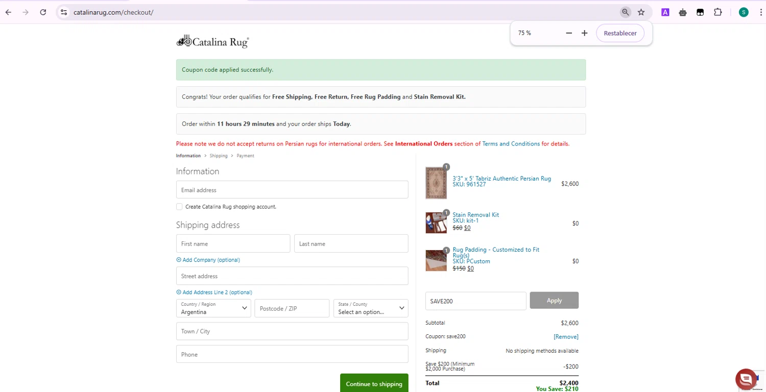 Catalina promo code screenshot showing code SAVE200 applied at Catalina checkout page. Uploaded by SimplyCodes community member Samu10 on May 14, 2025