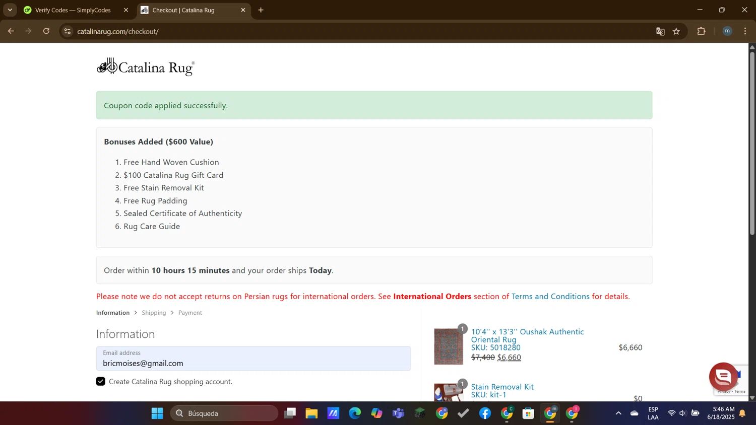 Catalina promo code screenshot showing code SAVE100 applied at Catalina checkout page. Uploaded by SimplyCodes community member DTBERA2024 on Jun 18, 2025
