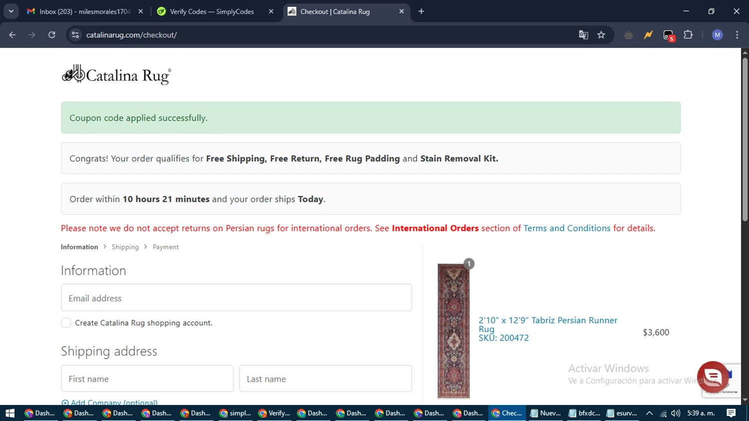 Catalina promo code screenshot showing code SAVE100 applied at Catalina checkout page. Uploaded by SimplyCodes community member PrimeFox5260 on May 14, 2025