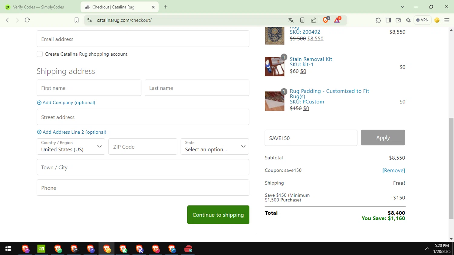 Catalina promo code screenshot showing code SAVE150 applied at Catalina checkout page. Uploaded by SimplyCodes community member GloriousSage2502 on Jan 28, 2025