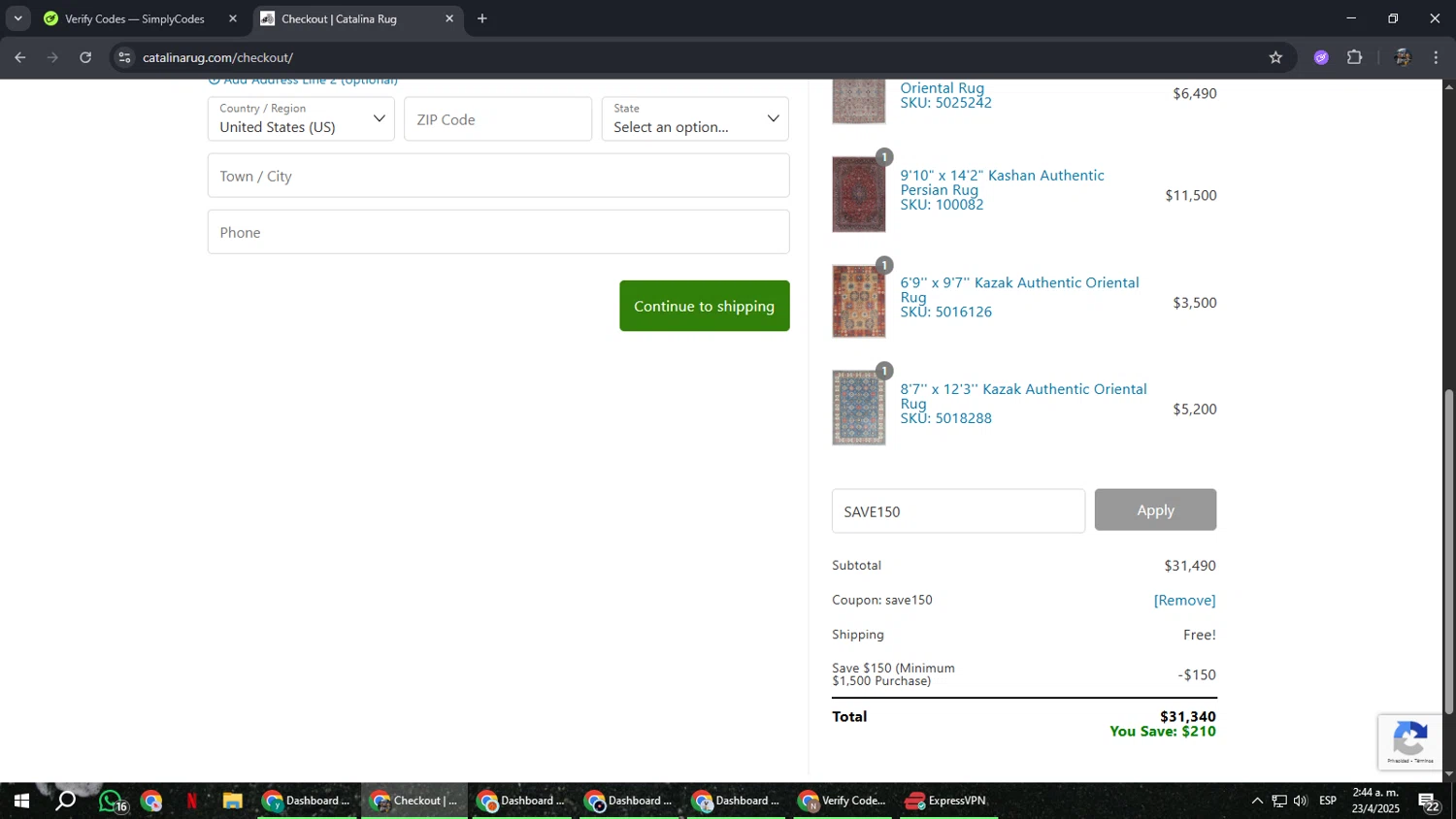 Catalina promo code screenshot showing code SAVE150 applied at Catalina checkout page. Uploaded by SimplyCodes community member xxdddd on Apr 23, 2025