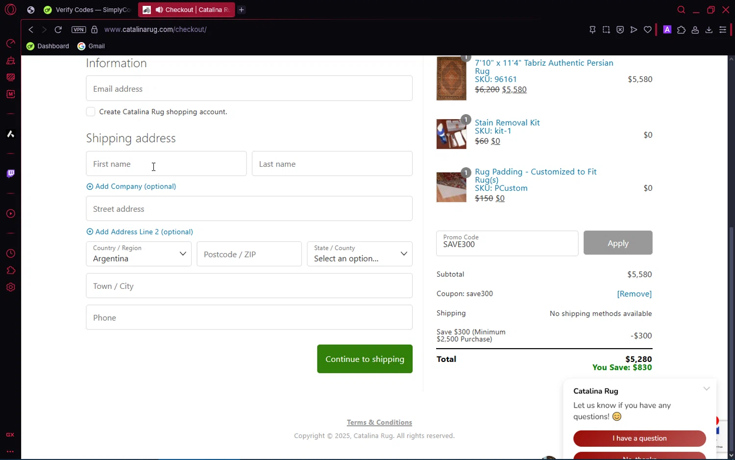 Catalina promo code screenshot showing code SAVE300 applied at Catalina checkout page. Uploaded by SimplyCodes community member ShrewdPioneer2612 on Jun 25, 2025