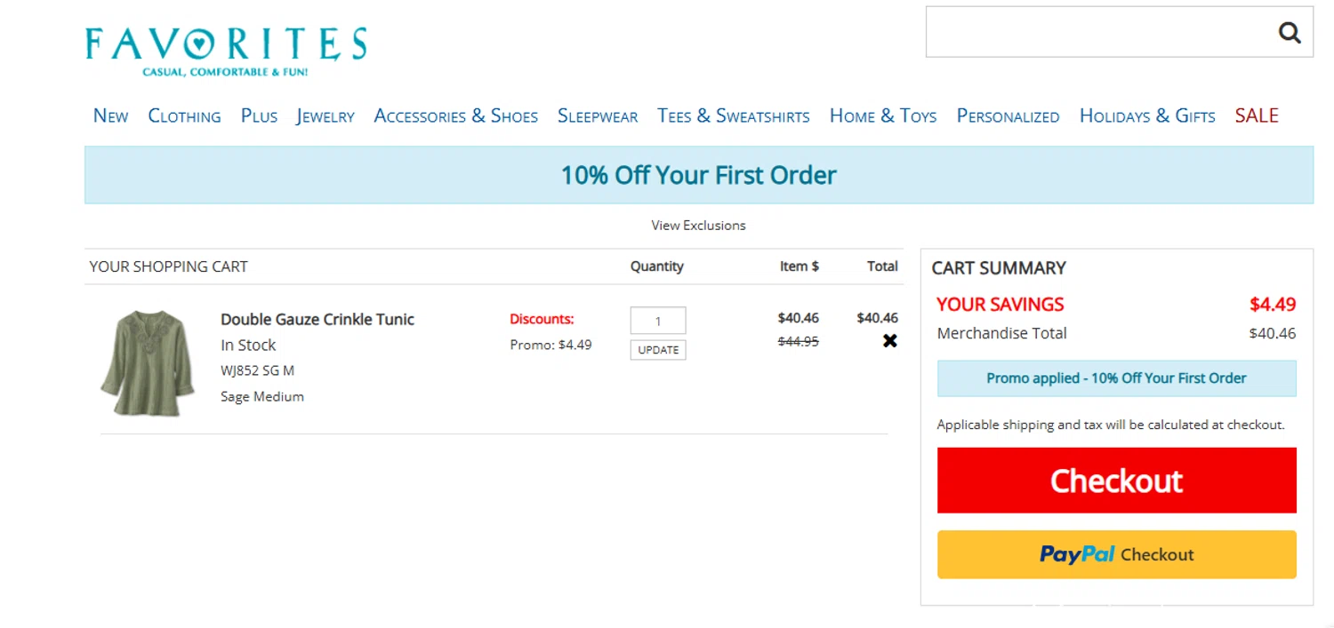 Catalog Favorites promo code screenshot showing code FV10SMS applied at Catalog Favorites checkout page. Uploaded by SimplyCodes community member tuvalu10 on Jun 8, 2025