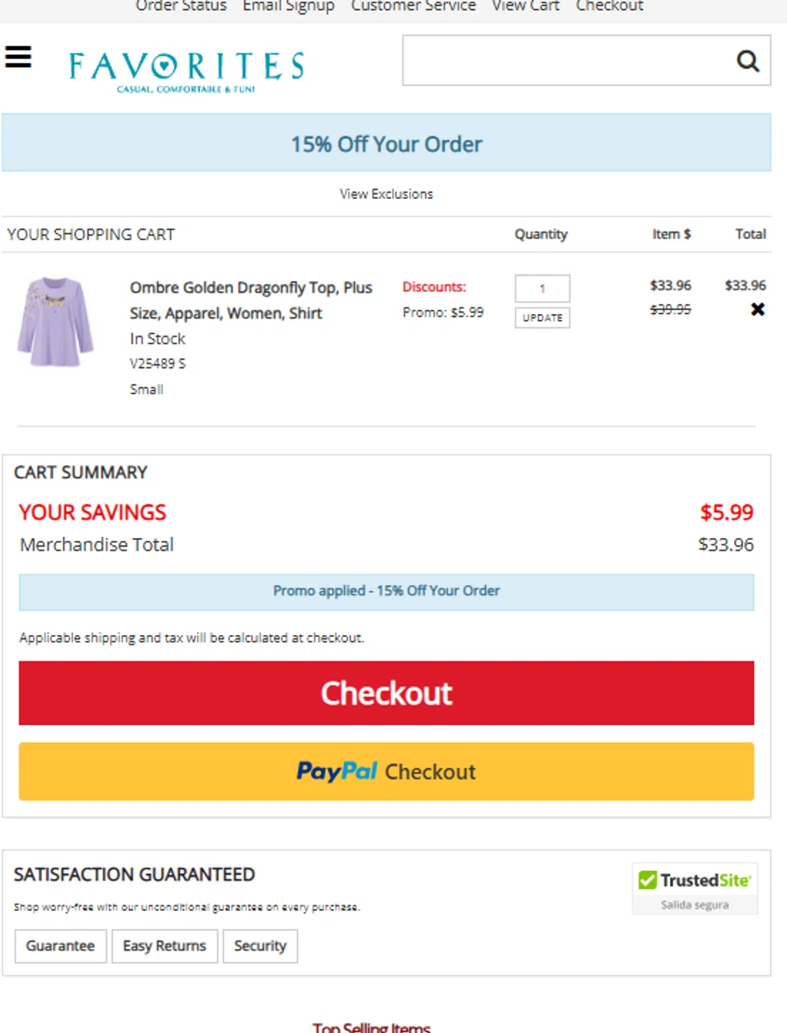 Catalog Favorites promo code screenshot showing code FV15RSUB applied at Catalog Favorites checkout page. Uploaded by SimplyCodes community member SavingsEagle290 on Aug 2, 2025