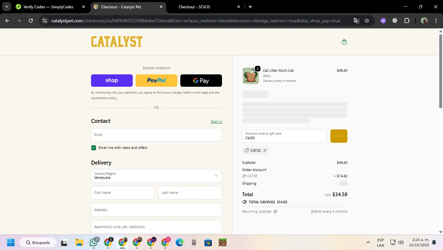 Catalyst promo code screenshot showing code Cat30 applied at Catalyst checkout page. Uploaded by SimplyCodes community member MoneySentinel7597 on Oct 14, 2025