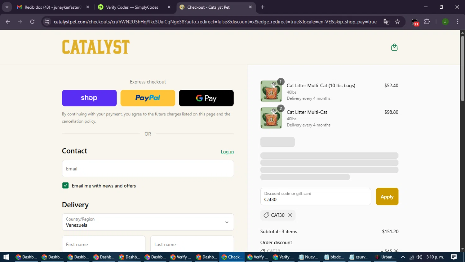 Catalyst promo code screenshot showing code Cat30 applied at Catalyst checkout page. Uploaded by SimplyCodes community member SmartLion6646 on Sep 1, 2025