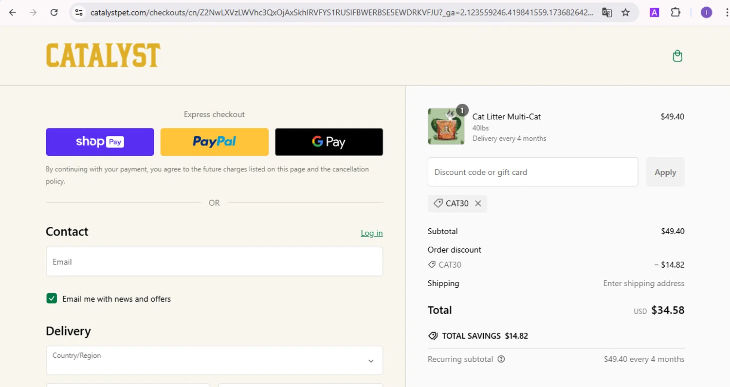 Catalyst promo code screenshot showing code Cat30 applied at Catalyst checkout page. Uploaded by SimplyCodes community member SilverVirtuoso5948 on Jan 14, 2025