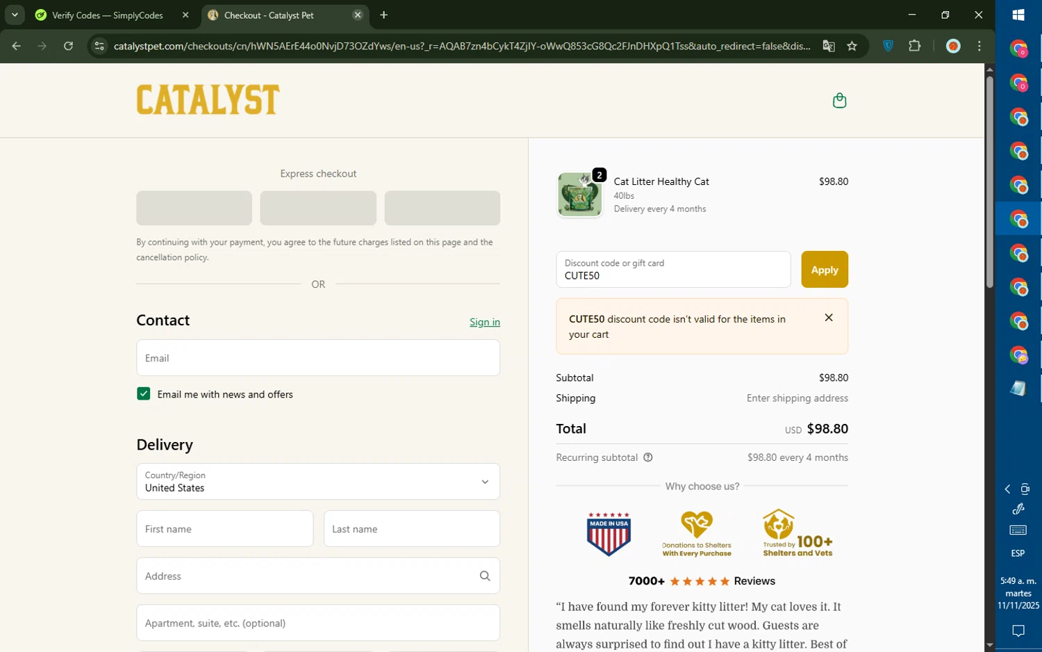 Catalyst promo code screenshot showing code CUTE50 applied at Catalyst checkout page. Uploaded by SimplyCodes community member CashMaverick8128 on Nov 11, 2025