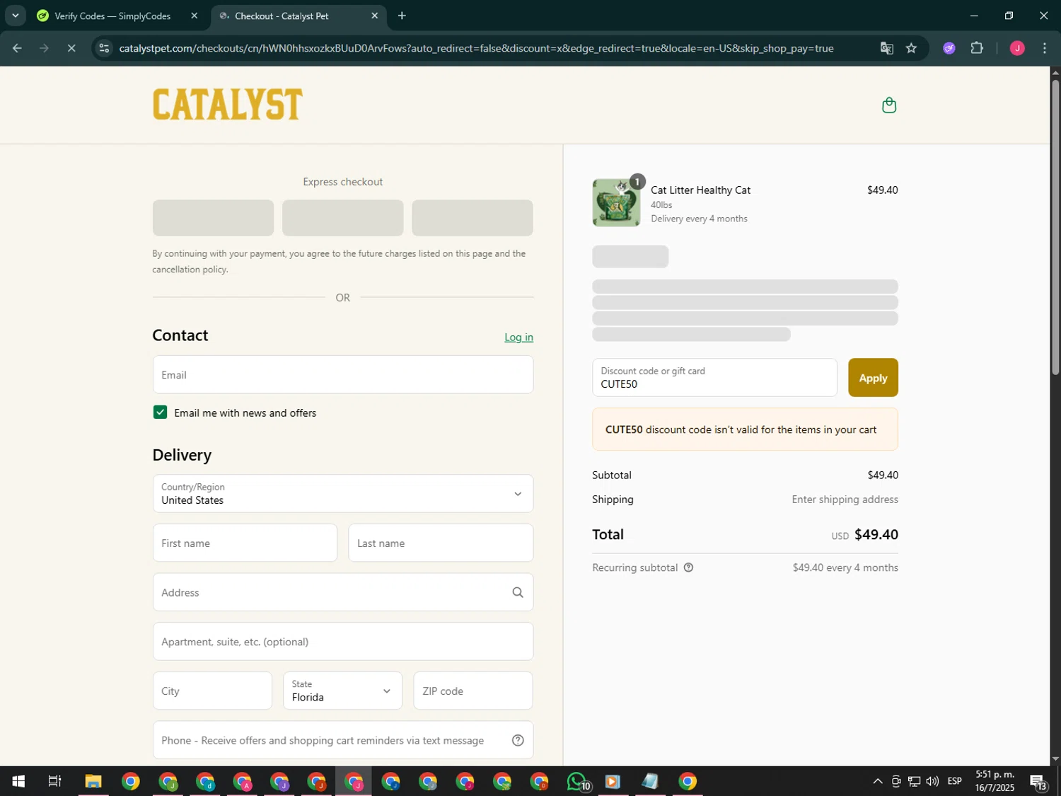 Catalyst promo code screenshot showing code CUTE50 applied at Catalyst checkout page. Uploaded by SimplyCodes community member CleverShopper2101 on Jul 16, 2025