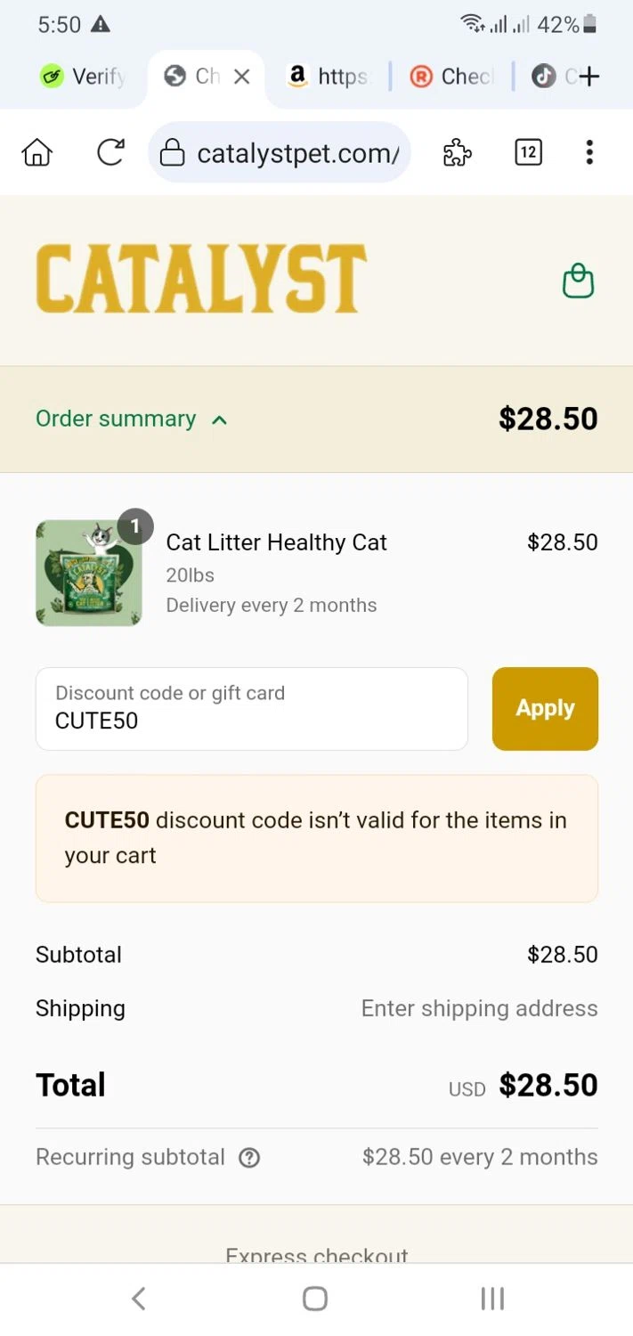 Catalyst promo code screenshot showing code CUTE50 applied at Catalyst checkout page. Uploaded by SimplyCodes community member menotychire on Jul 16, 2025