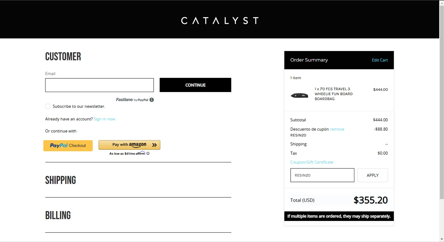 Catalyst Shop coupon code screenshot showing code RESIN20 applied at Catalyst Shop checkout page. Uploaded by SimplyCodes community member SaleHawk4558 on Jan 29, 2025