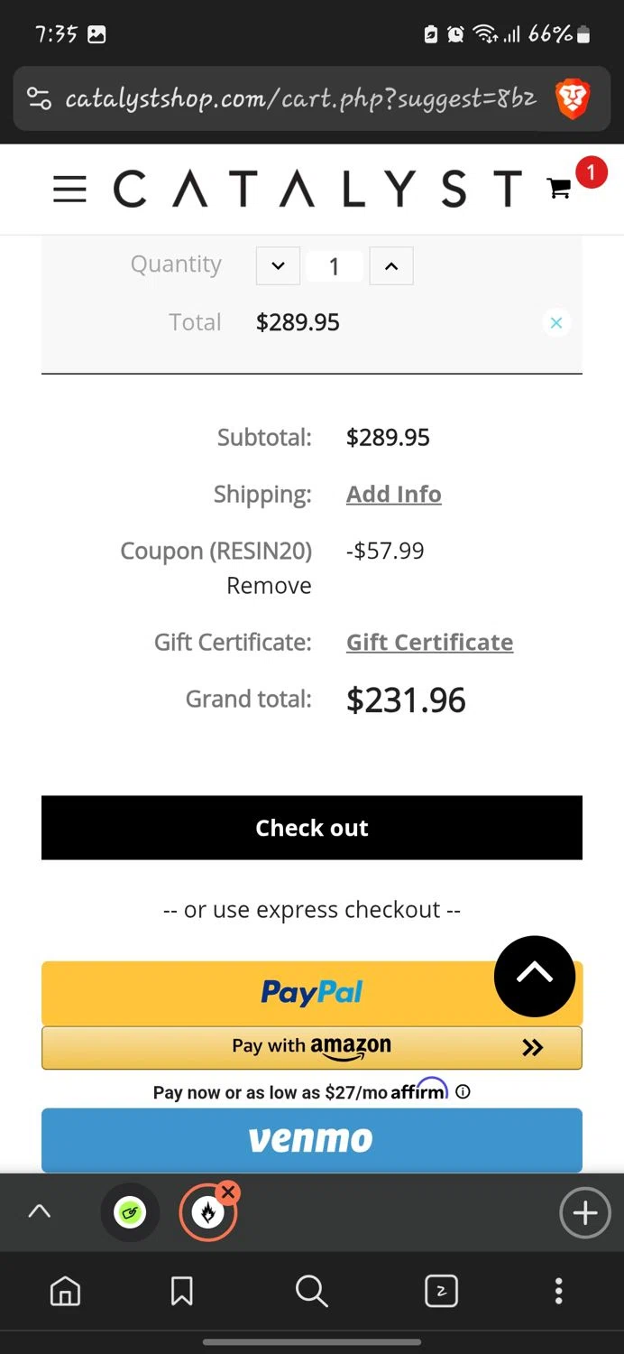 Catalyst Shop coupon code screenshot showing code RESIN20 applied at Catalyst Shop checkout page. Uploaded by SimplyCodes community member GoldLynx7797 on Mar 16, 2025