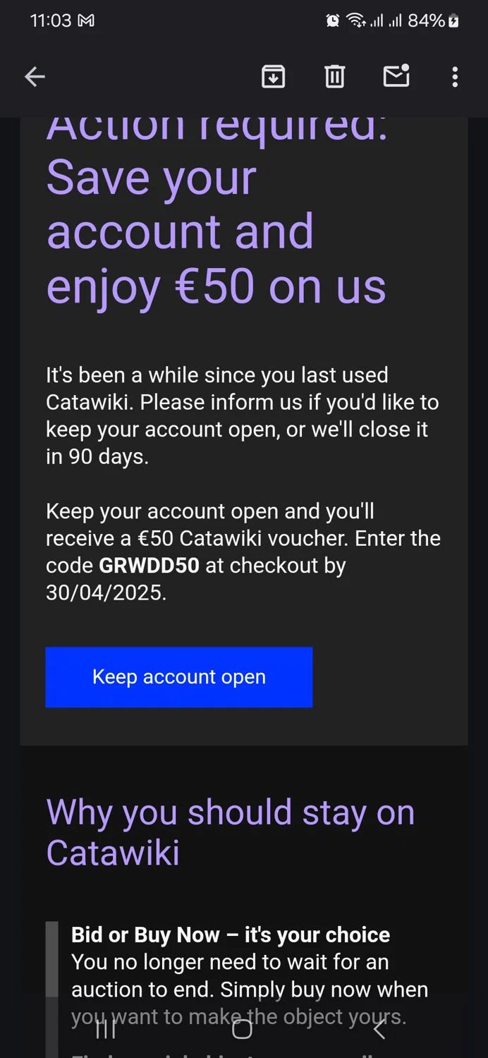 Catawiki promo code screenshot showing code GRWDD50 applied at Catawiki checkout page. Uploaded by SimplyCodes community member vida5254427716958 on Mar 7, 2025