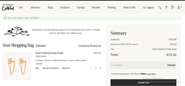 Catbird checkout page showing Catbird promo code box | Screenshot taken by SimplyCodes community member on May 16, 2024