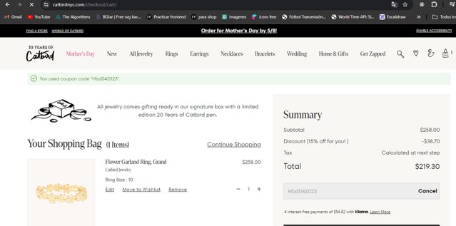 Catbird checkout page showing Catbird promo code box | Screenshot taken by SimplyCodes community member on May 8, 2024