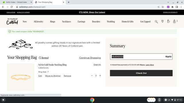 Catbird checkout page showing Catbird promo code box | Screenshot taken by SimplyCodes community member on May 19, 2024