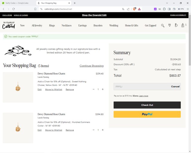 Catbird checkout page showing Catbird promo code box | Screenshot taken by SimplyCodes community member on May 20, 2024