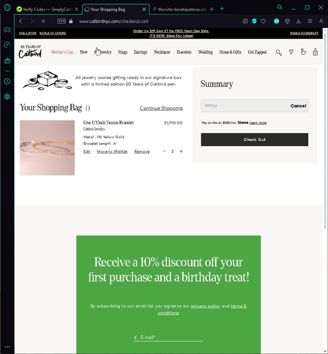 Catbird checkout page showing Catbird promo code box | Screenshot taken by SimplyCodes community member on May 9, 2024