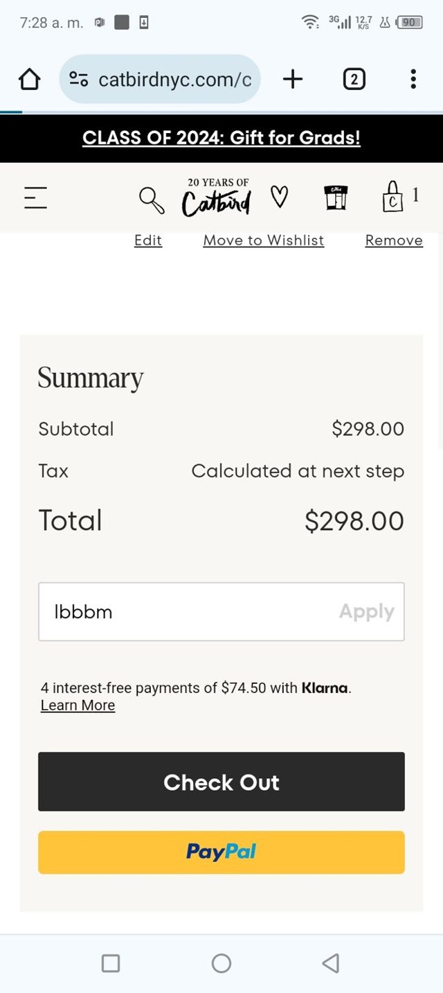 Catbird checkout page showing Catbird promo code box | Screenshot taken by SimplyCodes community member on May 17, 2024