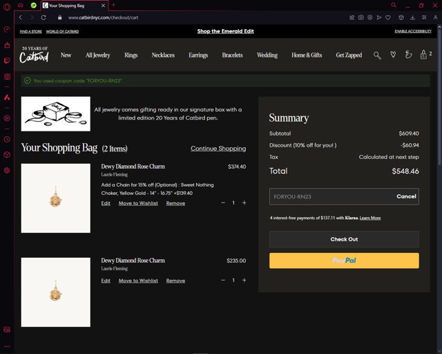 Catbird checkout page showing Catbird promo code box | Screenshot taken by SimplyCodes community member on May 18, 2024