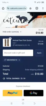 MEOWING10 coupon verification screenshot