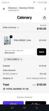 Welcome10 coupon verification screenshot