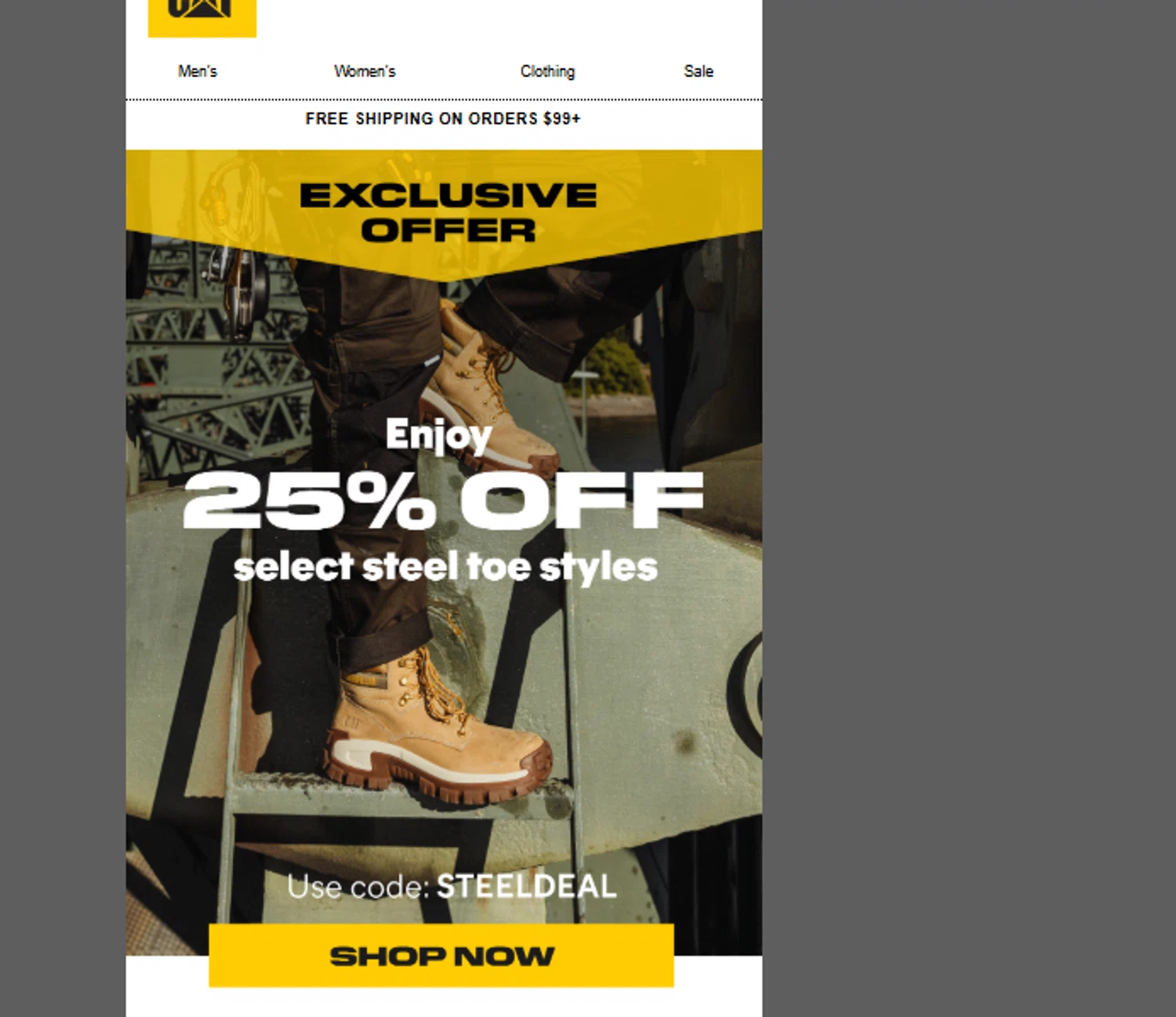 Cat Footwear US promo code screenshot showing code STEELDEAL applied at Cat Footwear US checkout page. Uploaded by SimplyCodes community member ______ on Aug 19, 2025