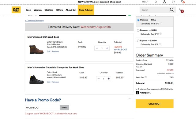 Cat Footwear US checkout page showing Cat Footwear US promo code box | Screenshot taken by SimplyCodes community member on Jul 30, 2025