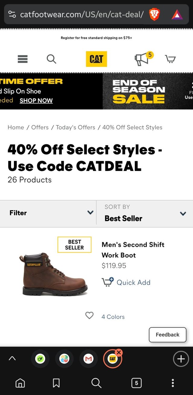 Cat Footwear US checkout page showing Cat Footwear US promo code box | Screenshot taken by SimplyCodes community member on Jul 30, 2025