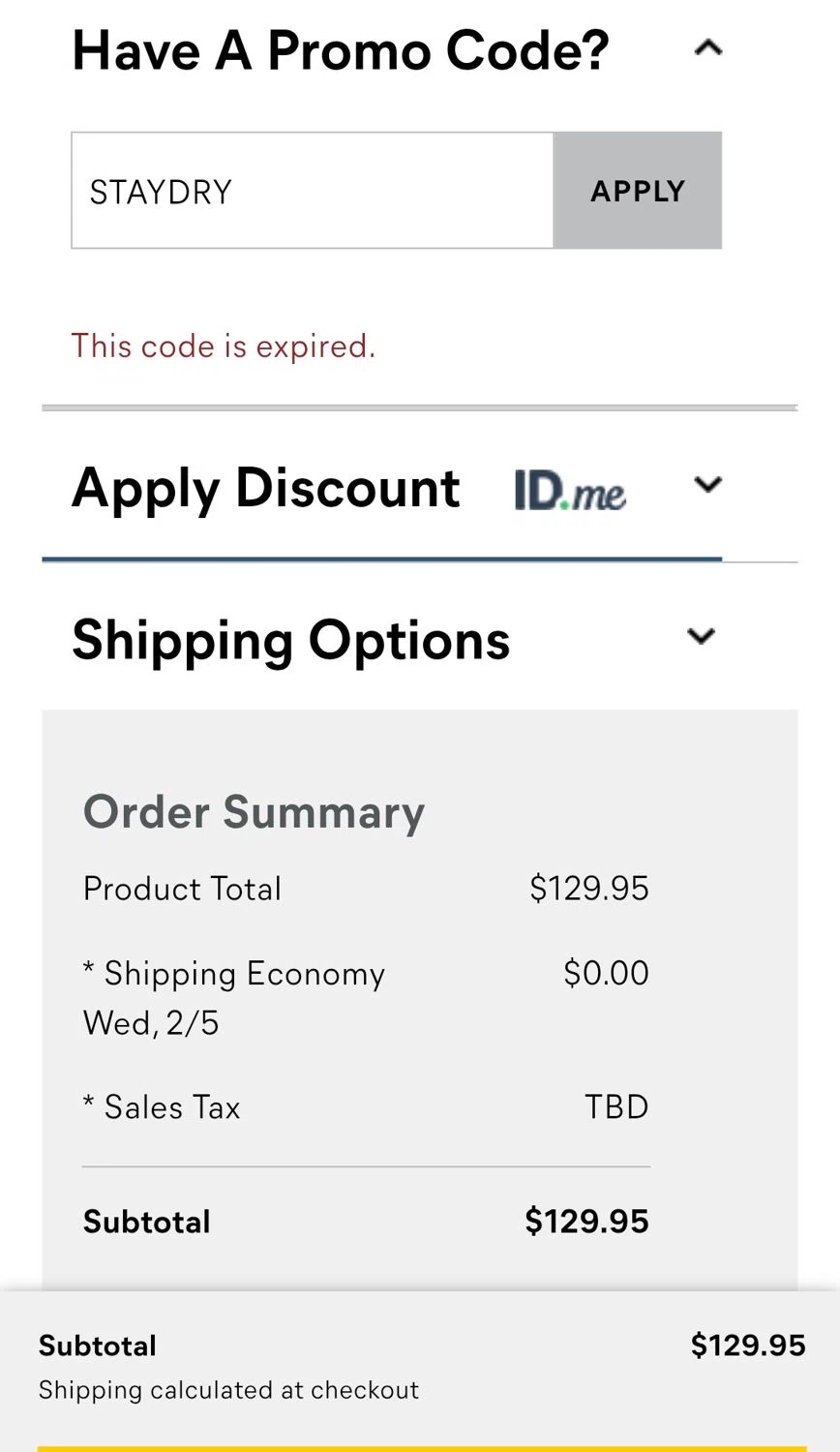 Cat Footwear US promo code screenshot showing code STAYDRY applied at Cat Footwear US checkout page. Uploaded by SimplyCodes community member Kaylaytone on Jan 27, 2025