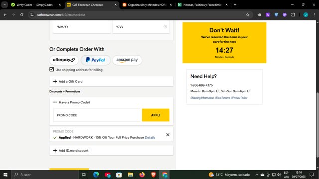 Cat Footwear US checkout page showing Cat Footwear US promo code box | Screenshot taken by SimplyCodes community member on Jul 30, 2025