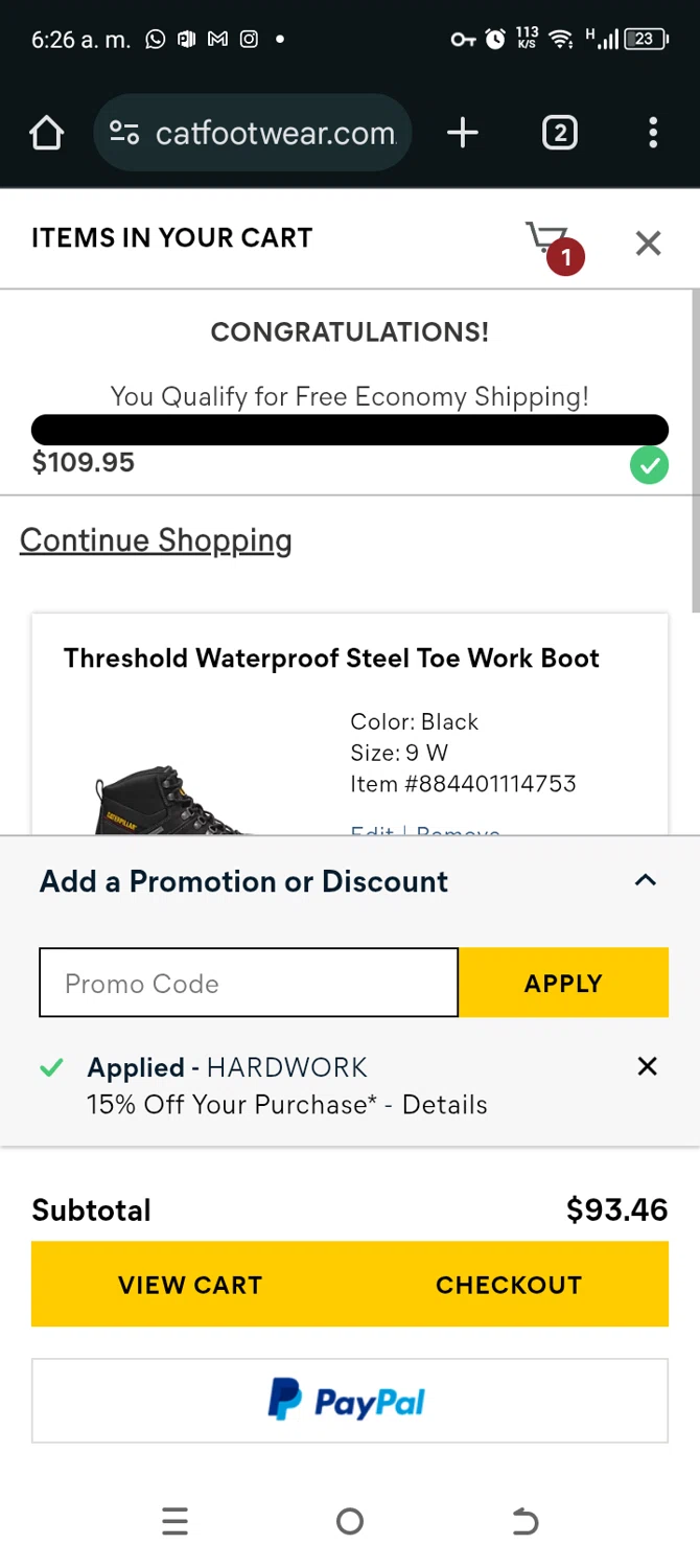 Cat Footwear US promo code screenshot showing code HARDWORK applied at Cat Footwear US checkout page. Uploaded by SimplyCodes community member TokenAce5969 on Feb 2, 2025