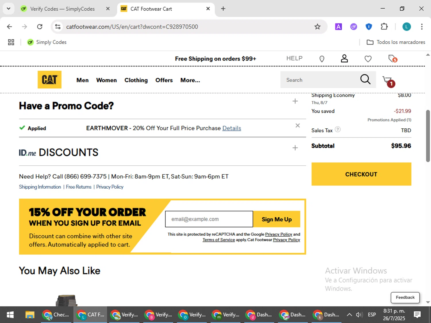 Cat Footwear US promo code screenshot showing code EARTHMOVER applied at Cat Footwear US checkout page. Uploaded by SimplyCodes community member LuckyLegend792 on Jul 27, 2025